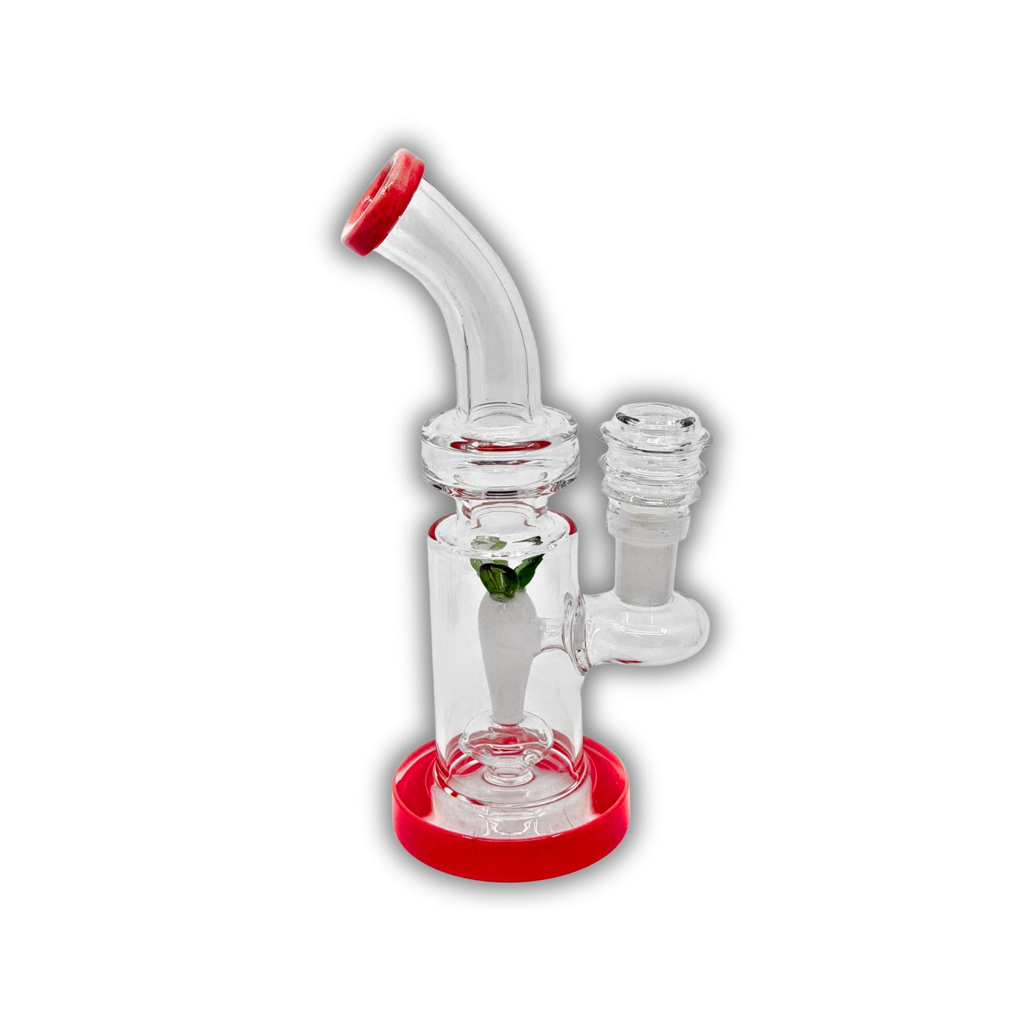 Compact glass dab rig featuring a unique carrot-shaped percolator with green leaf detail and red base accent.