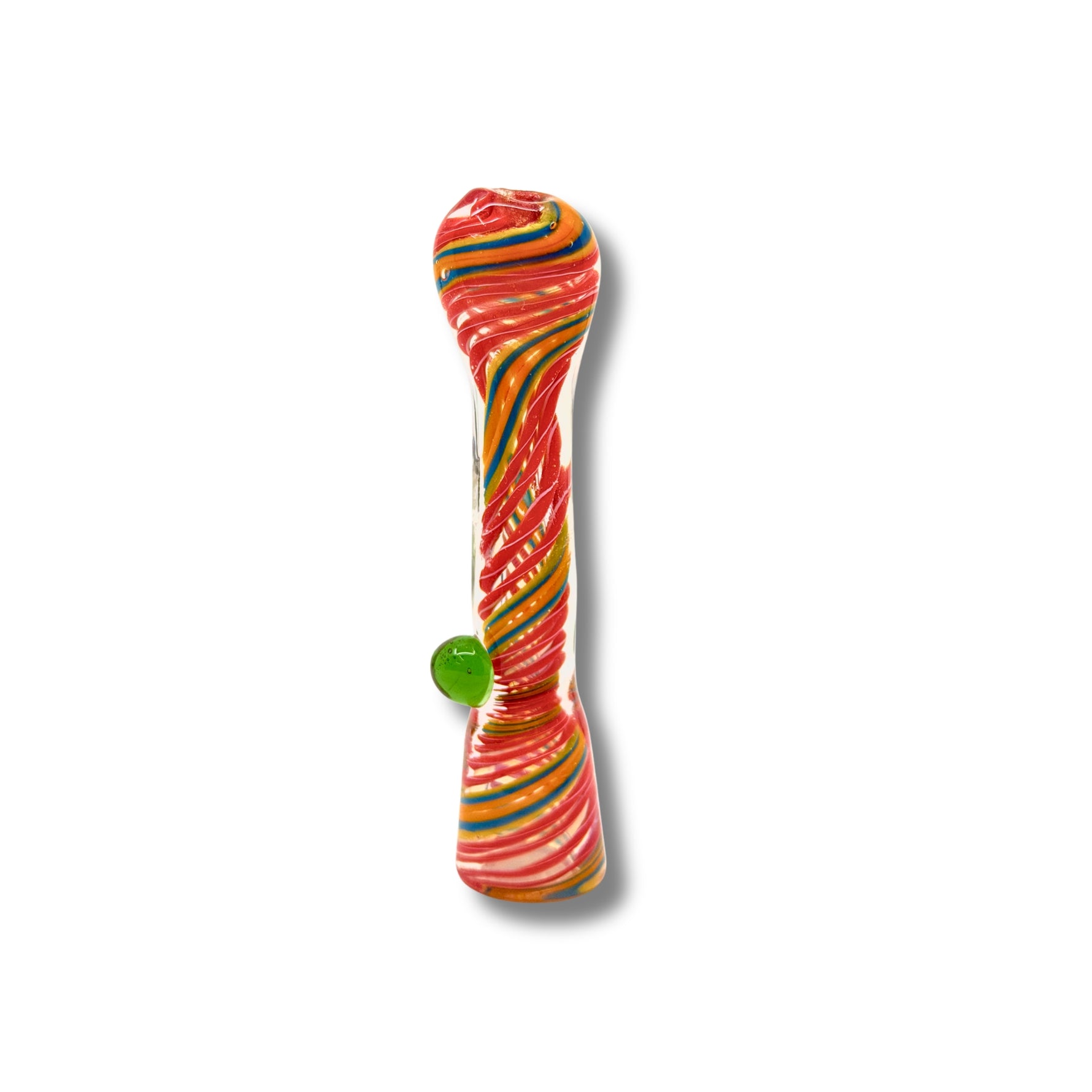 Hand-blown glass chillum pipes with rainbow spiral patterns and side grip marble in assorted vibrant designs.