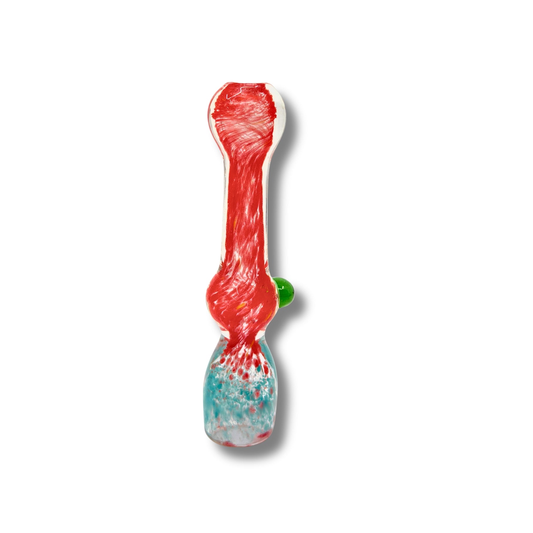 Assorted fumed glass chillum pipes with colorful swirl patterns in red, yellow, blue, and green.