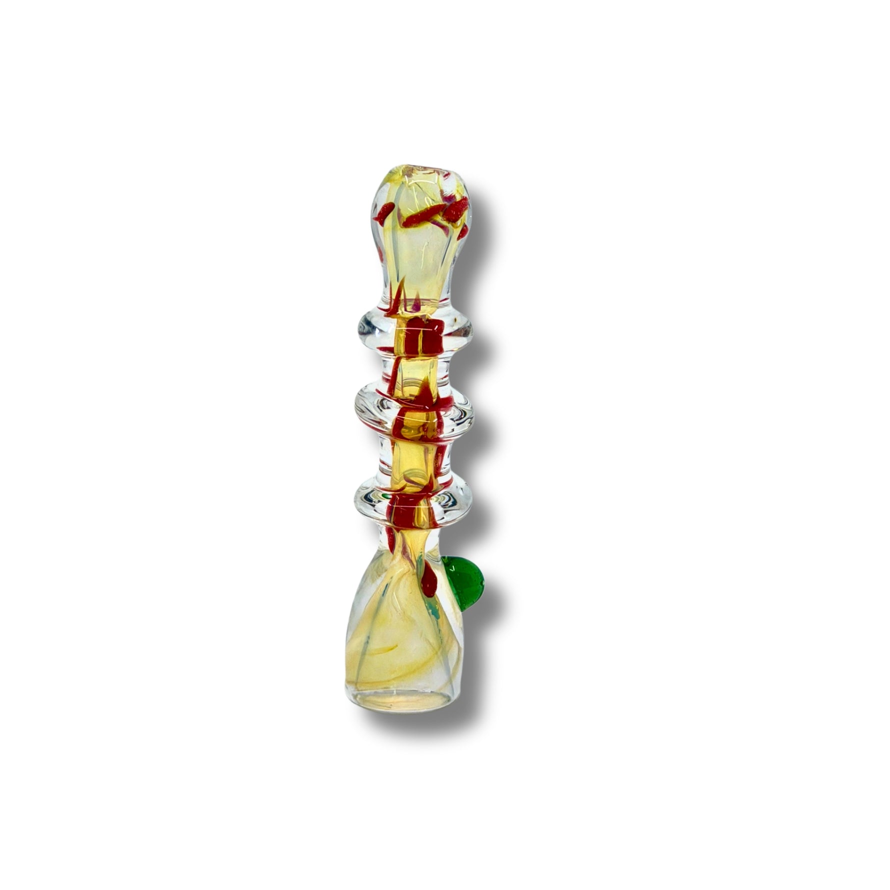 Fumed glass chillum pipes with ring grip design and colorful accents in green, blue, and red.