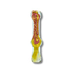 Hand-blown glass chillum pipes with fumed yellow base and colorful swirl patterns inside.