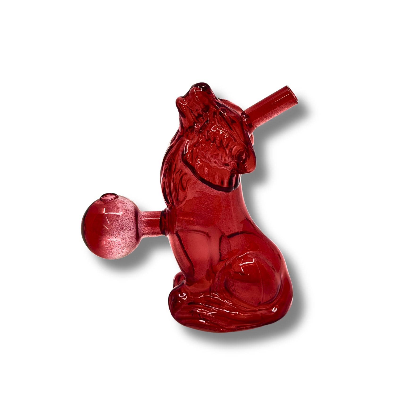 Colorful glass oil burner pipes shaped like howling wolves in pink, green, purple, yellow, and red with round bowl design.