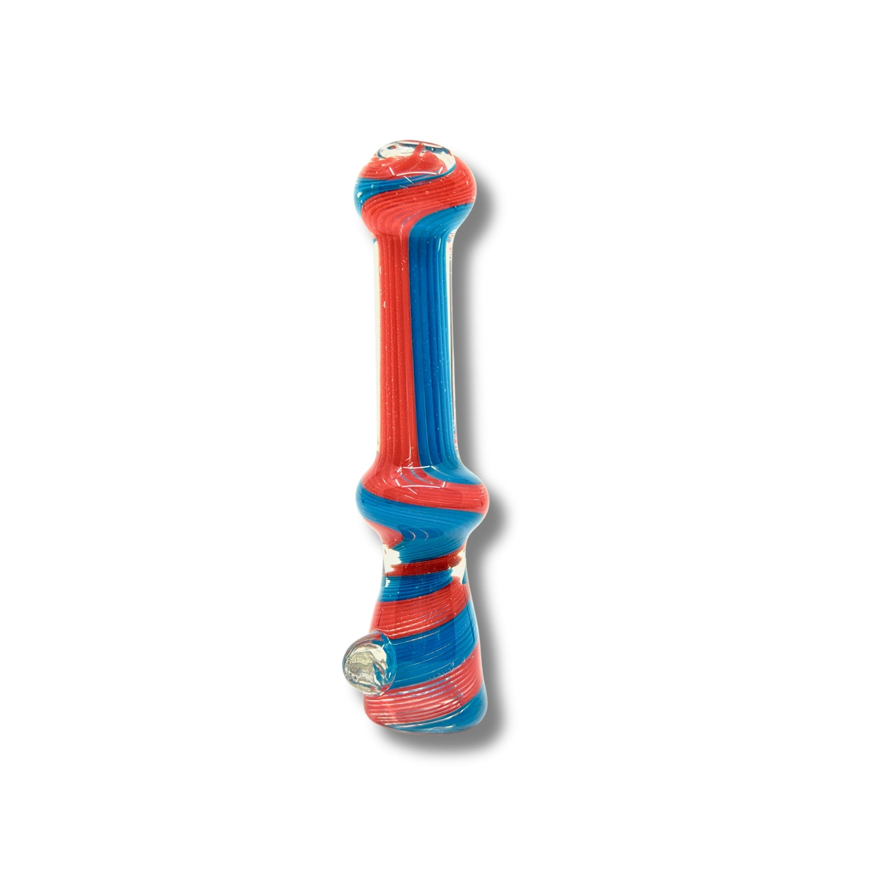 Glass chillum pipes with striped swirl patterns in multiple colors including red, blue, green, white, and yellow.