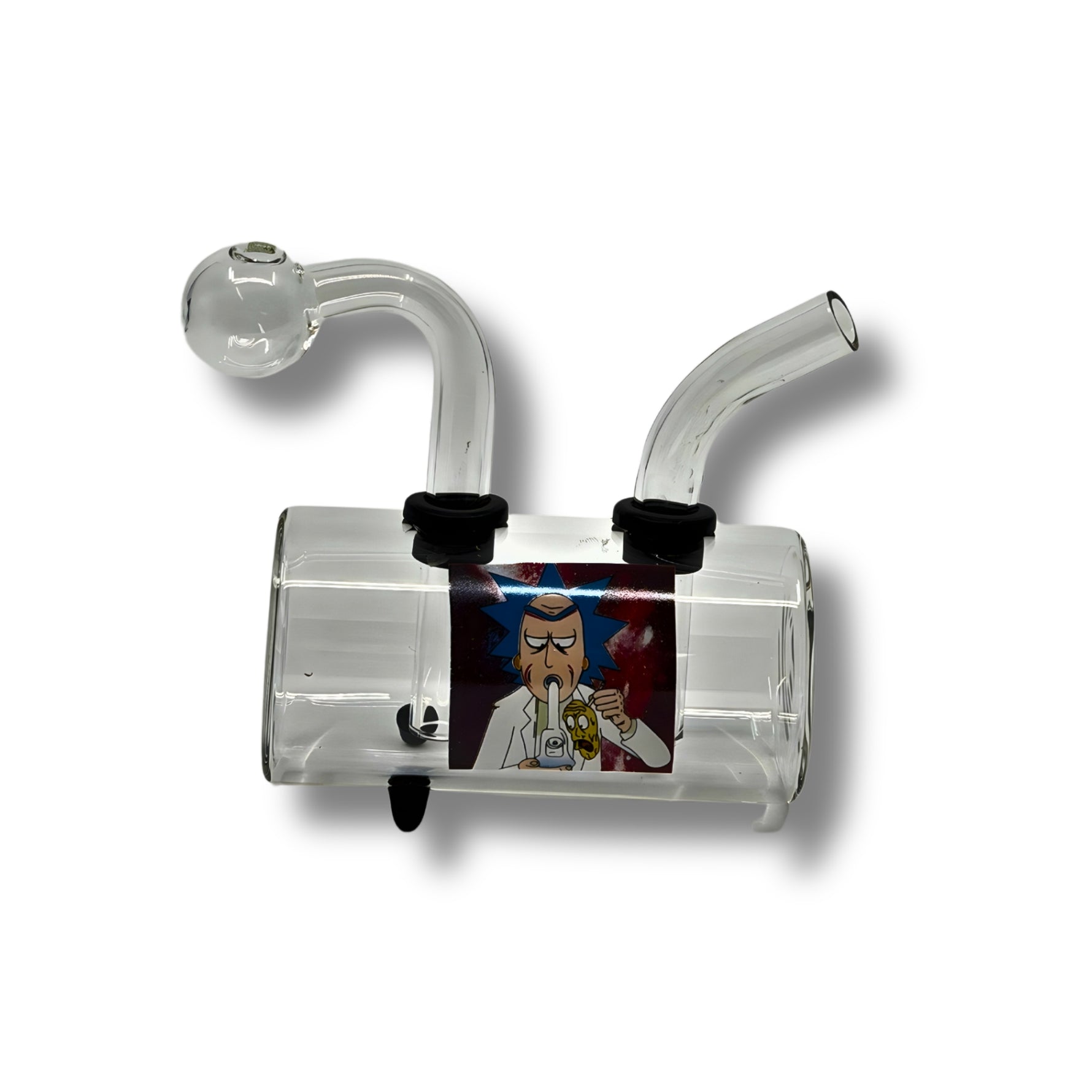 Clear glass oil burner pipe with dual tubes and cartoon character decal on cylindrical body.