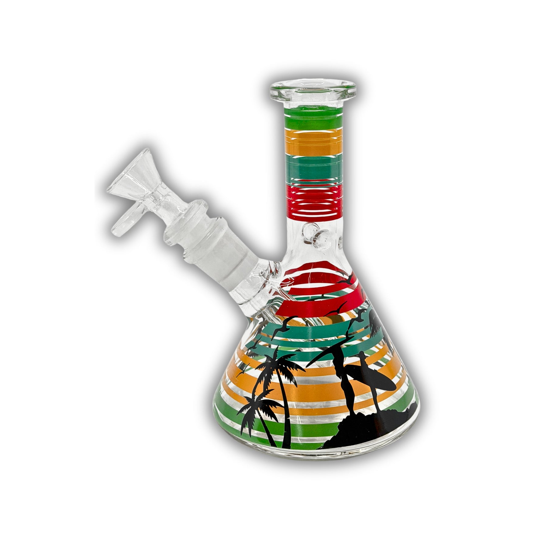 Mini beaker-style glass water pipe featuring colorful striped design with palm trees and surfer silhouette artwork.
