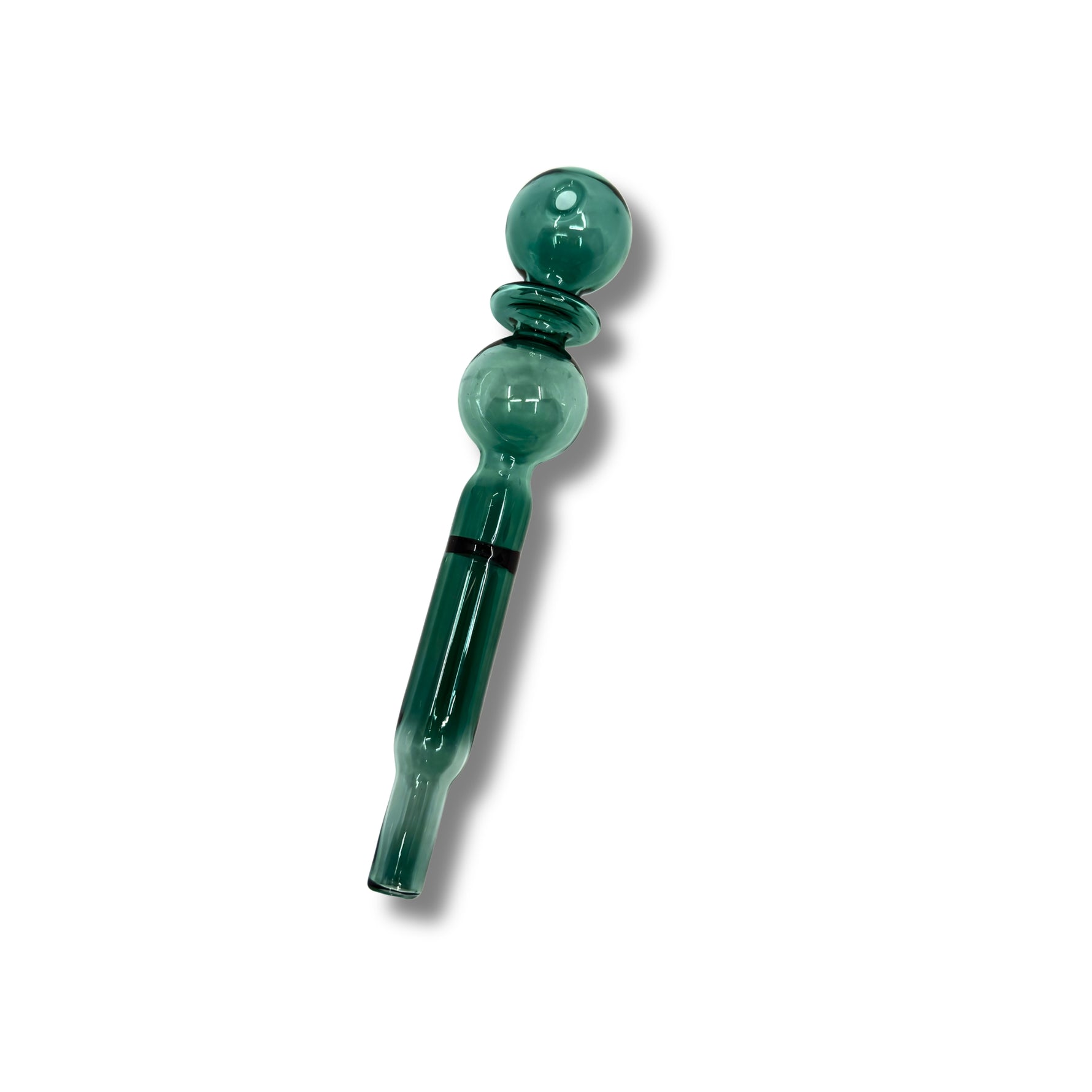 Double bubble glass oil burner pipes in green, teal, and blue colors with elongated stems and rounded bowl tops.