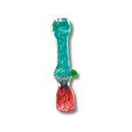 Assorted fumed glass chillum pipes with colorful swirl patterns in red, yellow, blue, and green.