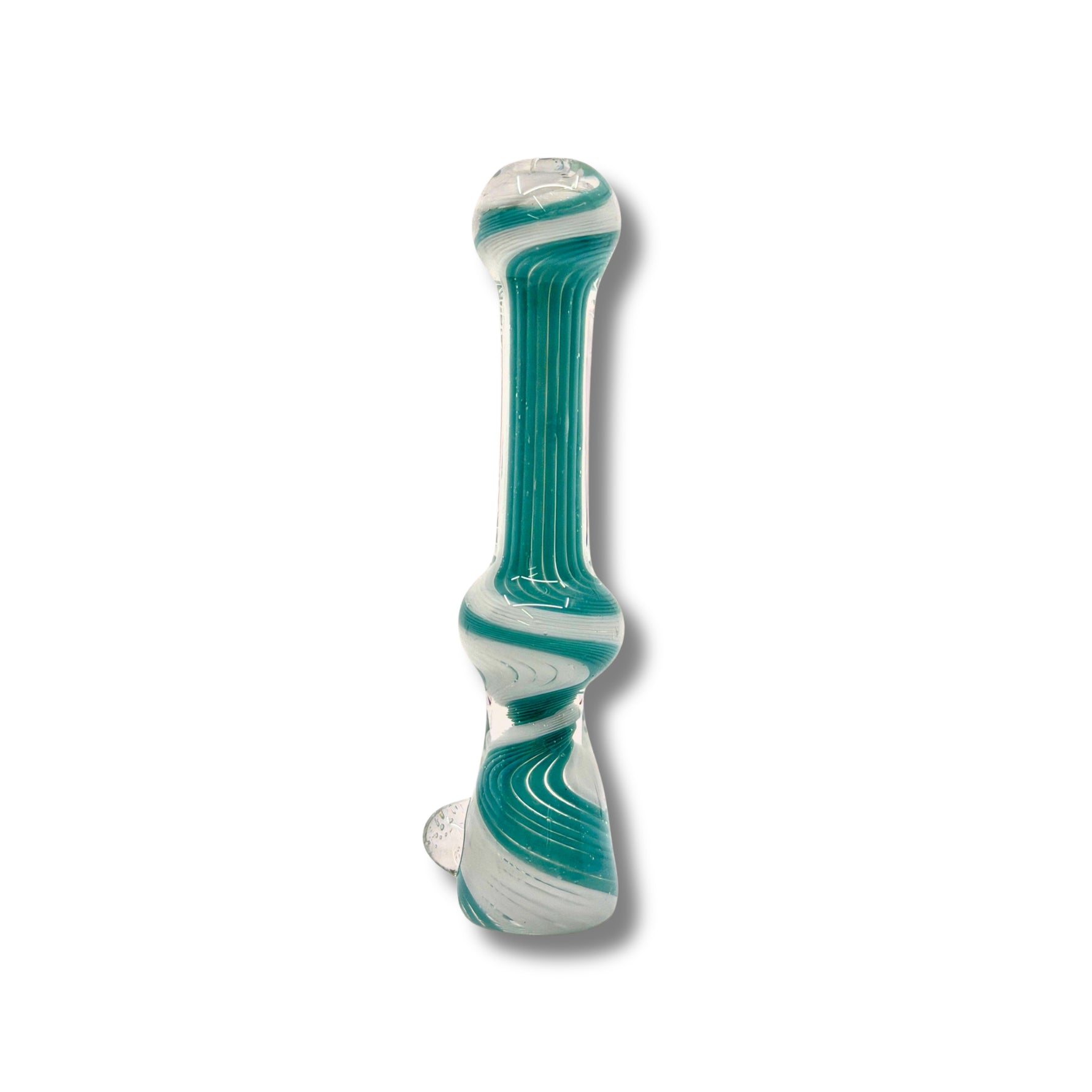 Glass chillum pipes with striped swirl patterns in multiple colors including red, blue, green, white, and yellow.