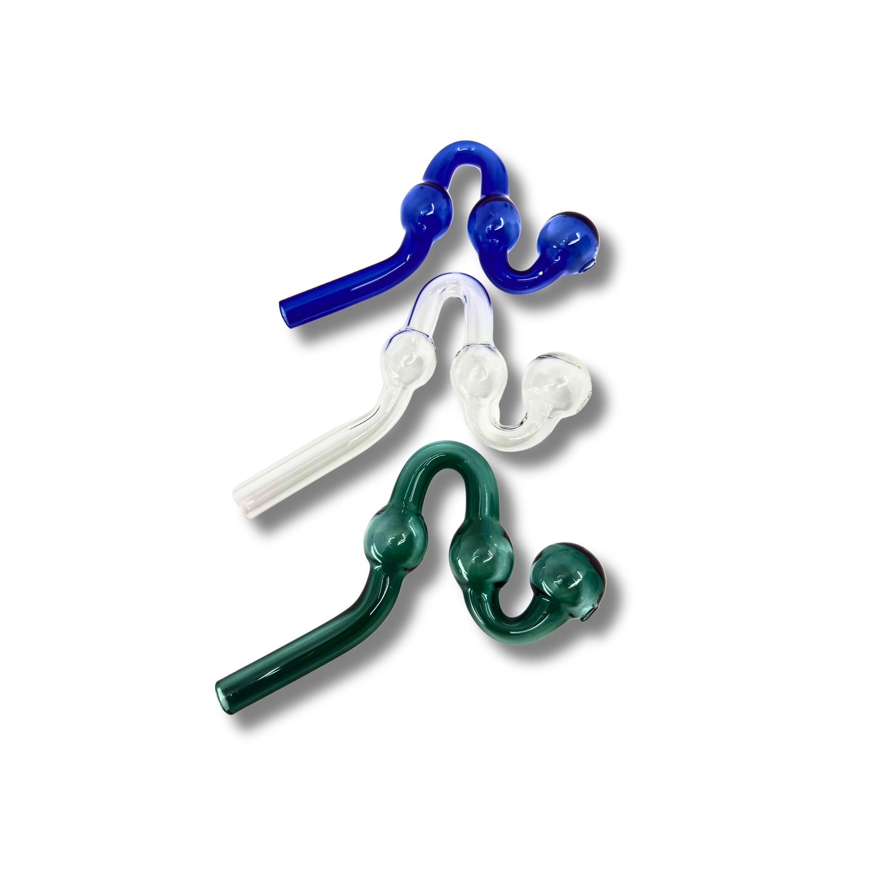 Curved zig-zag glass oil burner pipes with triple bubble design in blue, clear, and green colors.