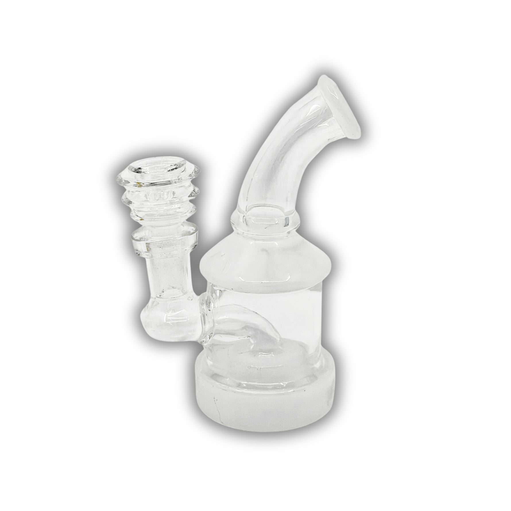 Mini glass dab rig with angled neck featuring frosted glass finish and yellow color accent option.