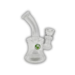 Compact glass dab rig with flared base, accent color ring, and decorative side marble detail in yellow and clear variations.