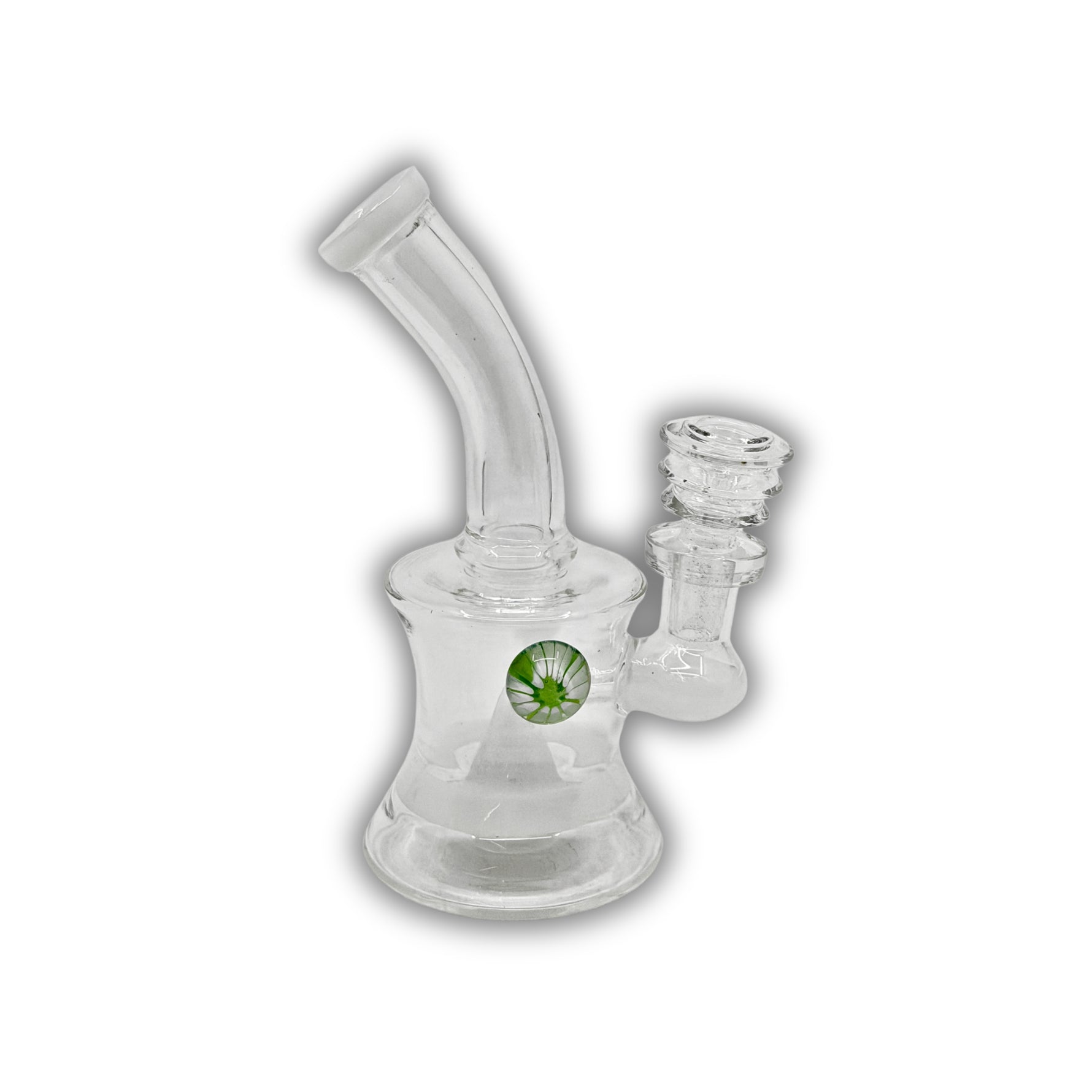 Compact glass dab rig with flared base, accent color ring, and decorative side marble detail in yellow and clear variations.