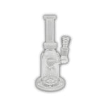 Compact glass water pipe with triple arm percolator, straight neck, and colored accent base and joint.