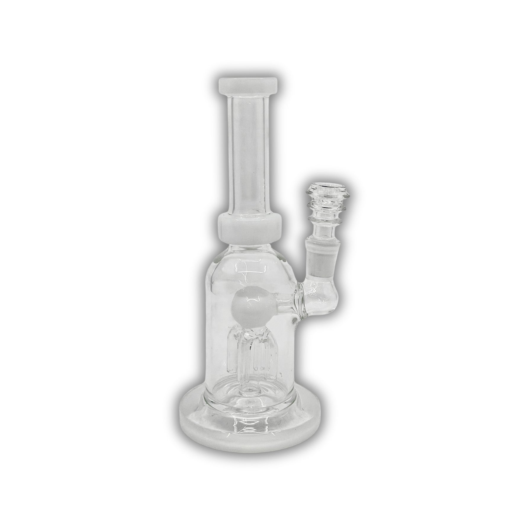 Compact glass water pipe with triple arm percolator, straight neck, and colored accent base and joint.