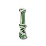 Glass chillum pipes with striped swirl patterns in multiple colors including red, blue, green, white, and yellow.