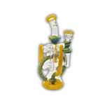 High-end glass recycler water pipe with multiple arms, yellow accents, and wig wag design tubing.