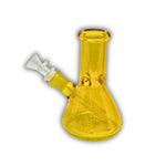 Small colored glass beaker-style water pipe featuring an inline percolator and angled joint with matching bowl.