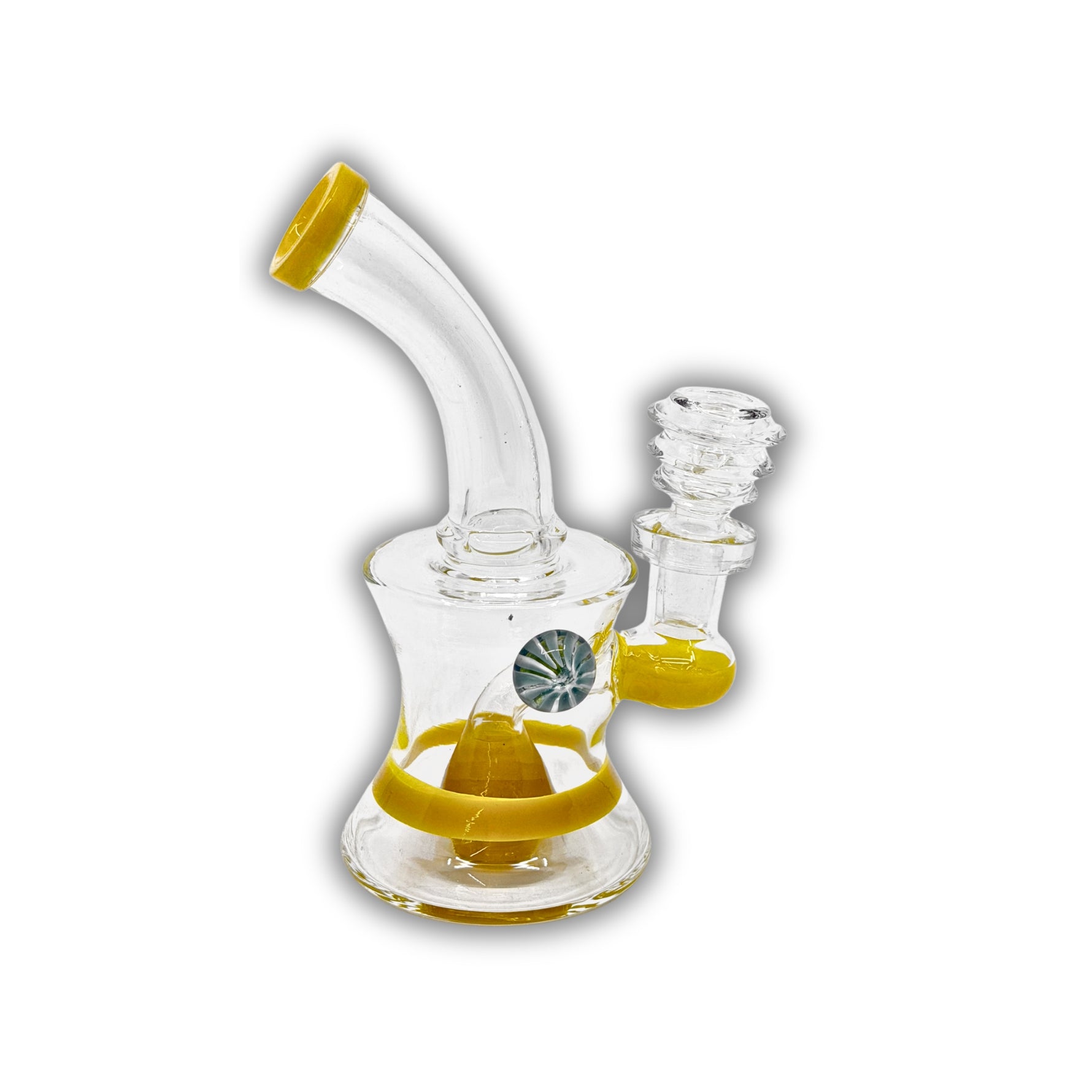Compact glass dab rig with flared base, accent color ring, and decorative side marble detail in yellow and clear variations.