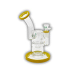 Compact ESIGO branded glass dab rig with showerhead percolator, angled mouthpiece, and colored base and rim accents.
