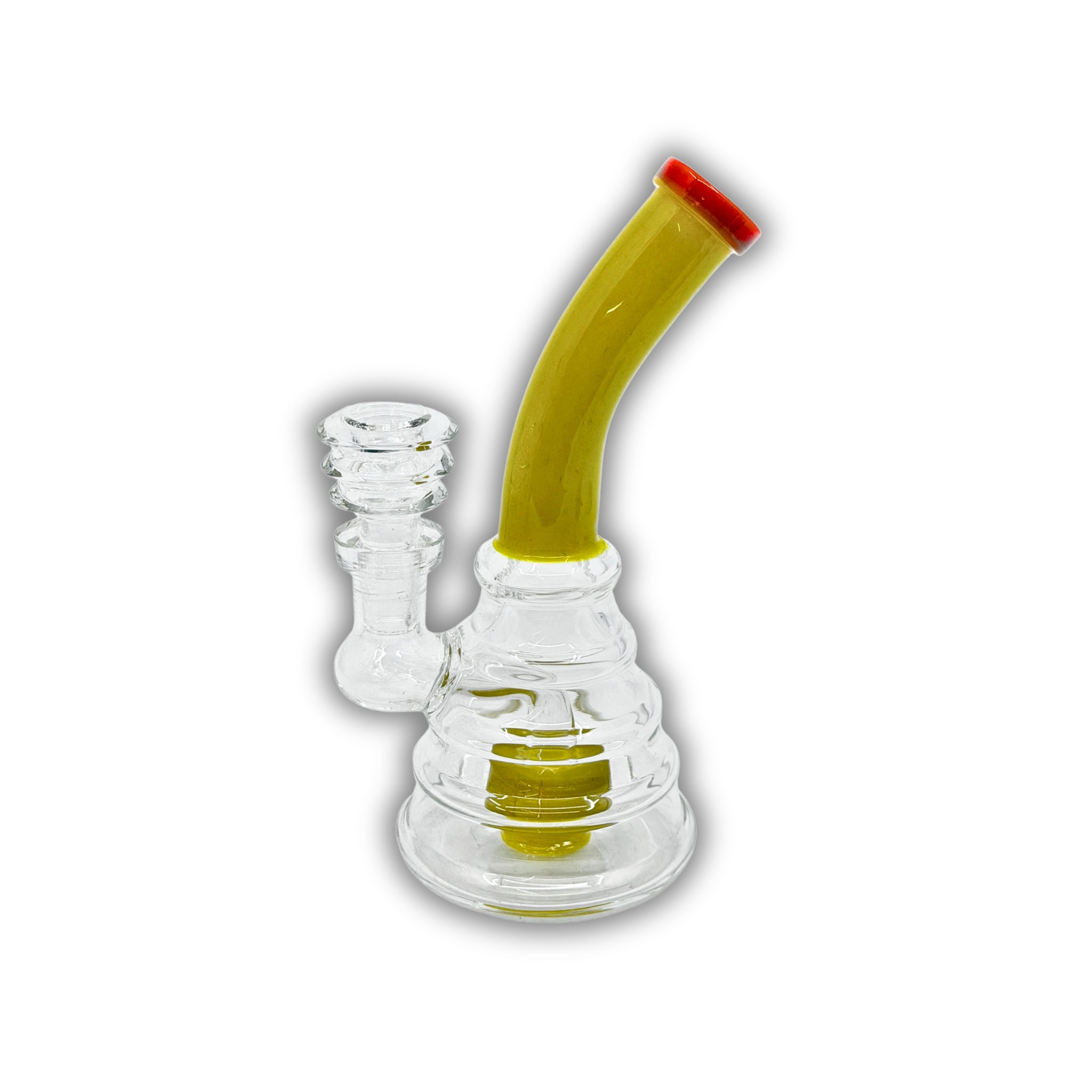 Compact glass dab rig with ribbed base design and colored curved neck, featuring yellow accent with red tip.