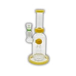 Compact glass water pipe with triple arm percolator, straight neck, and colored accent base and joint.