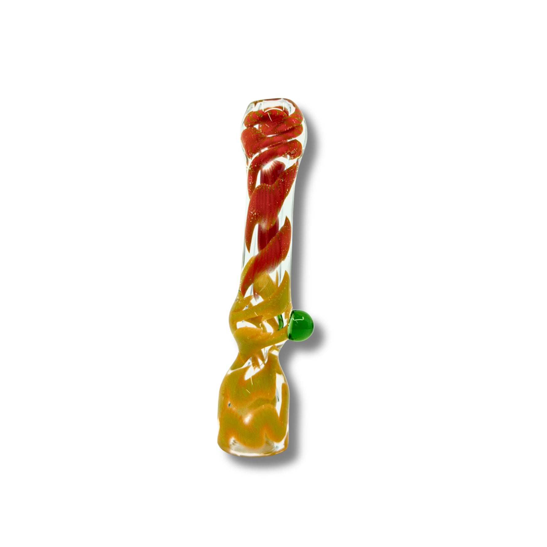 Hand-blown glass chillum pipes with colorful swirl patterns and side grip marble in assorted designs.