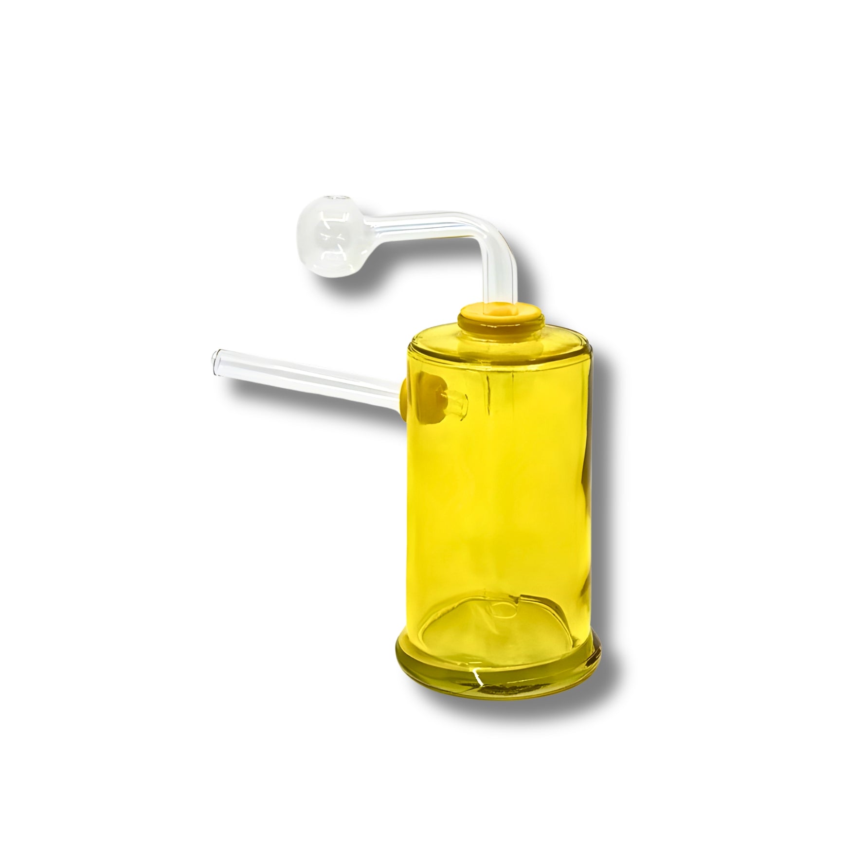Cylinder-shaped glass dab rigs with side arm and clear top in multiple colors including black, blue, red, yellow, purple, green, and pink.