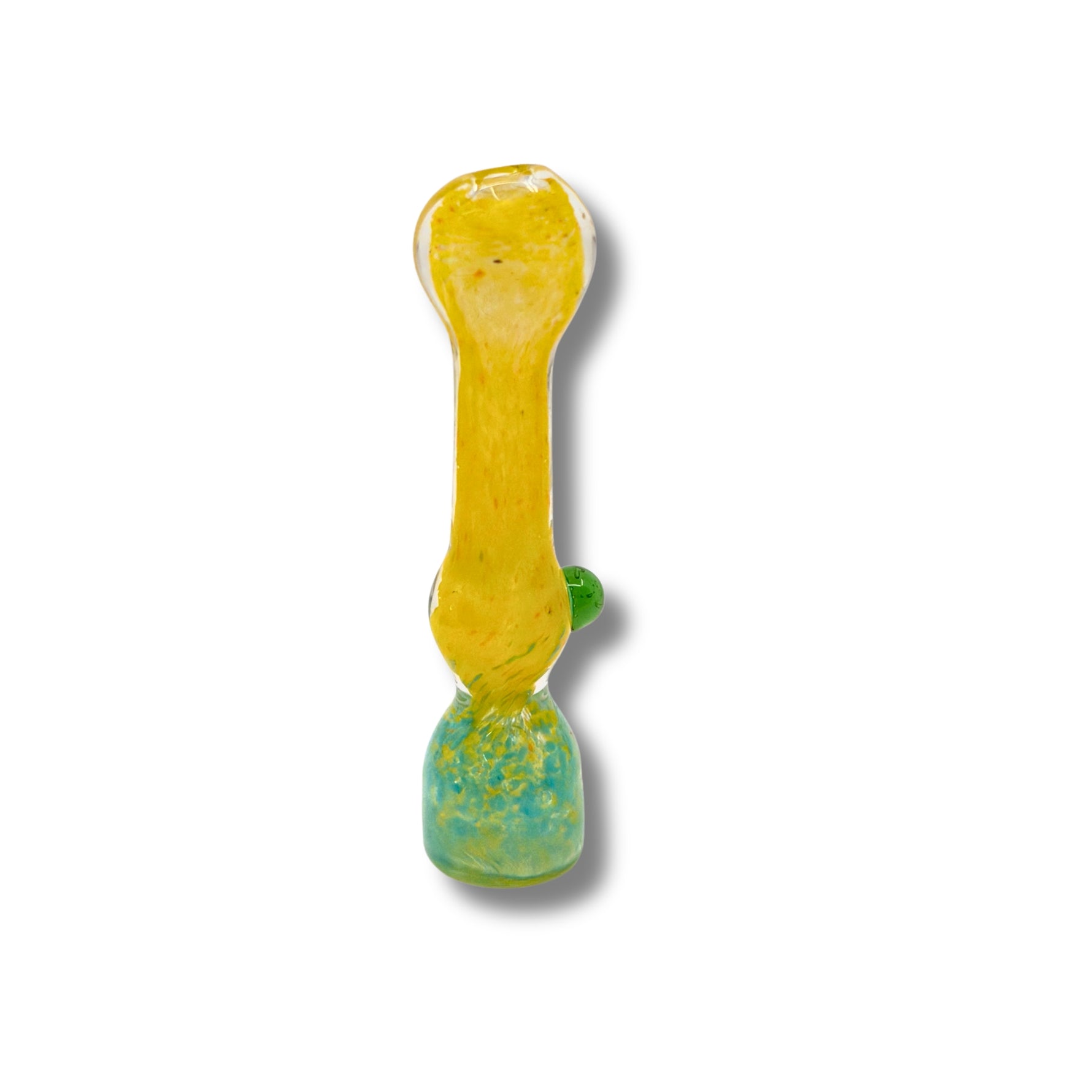 Assorted fumed glass chillum pipes with colorful swirl patterns in red, yellow, blue, and green.