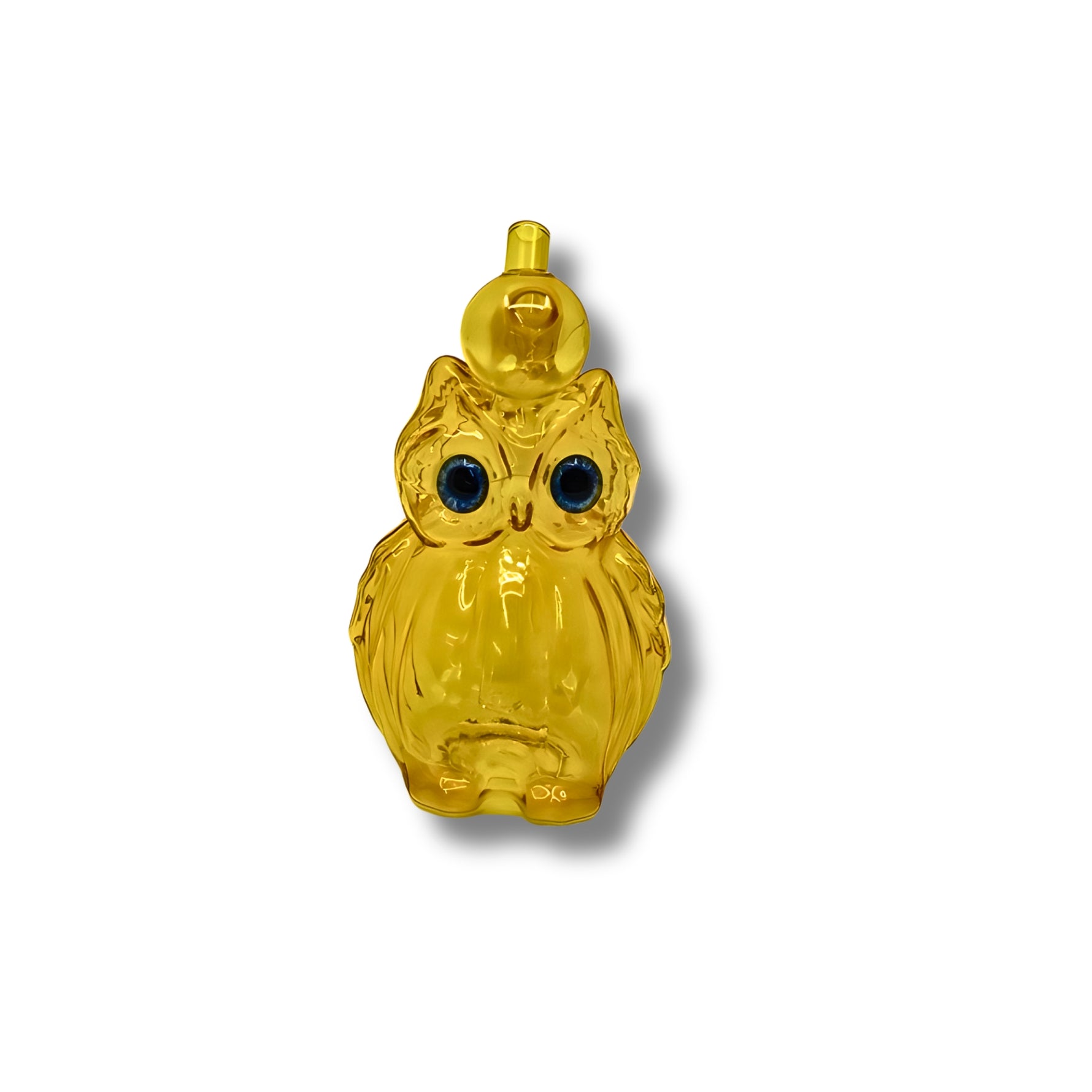 Colorful owl-shaped glass oil burner rigs with big eyes and side mouthpiece in assorted bright transparent colors.