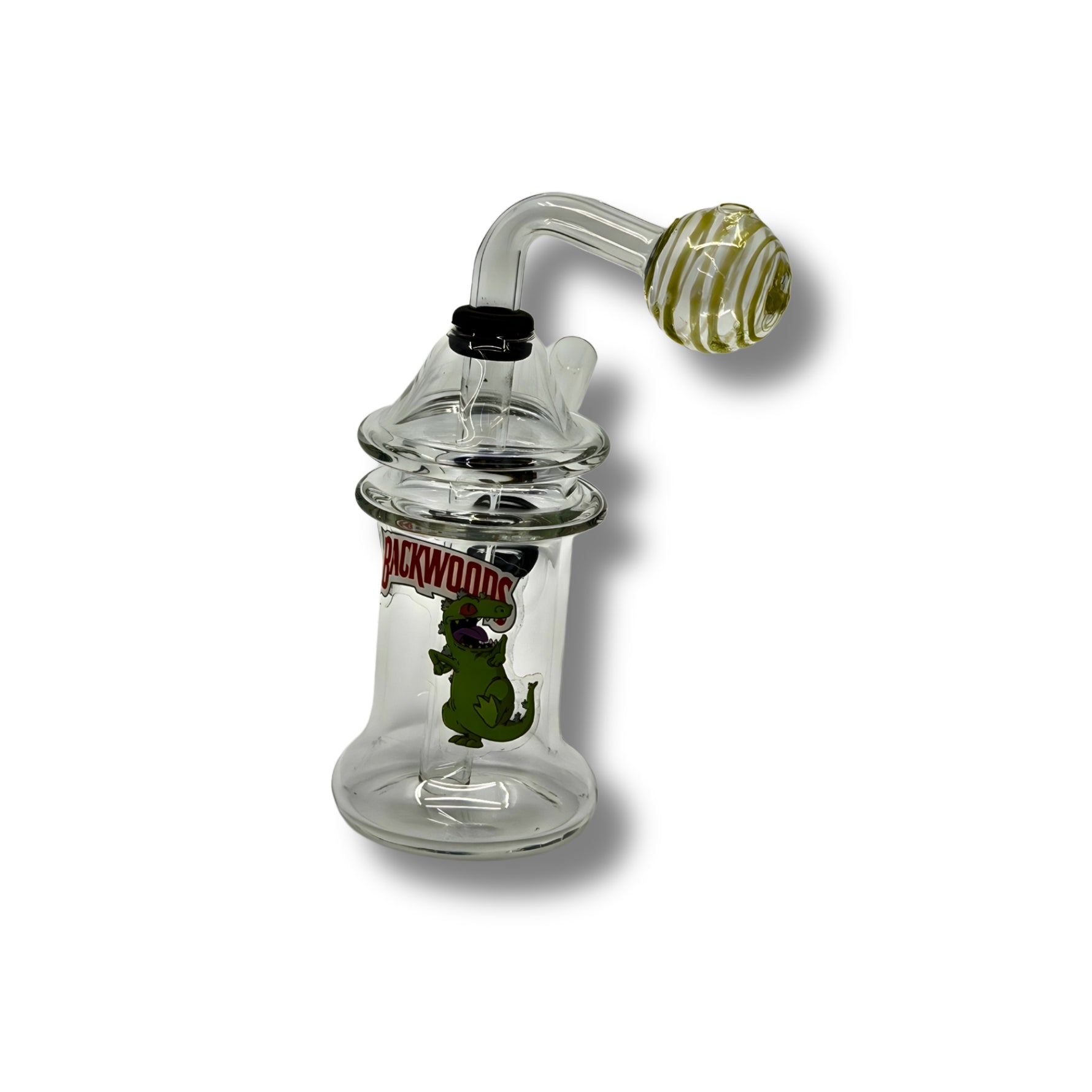 Clear glass dab rigs with printed cartoon graphics and spinner caps in assorted colors, featuring compact chamber design.