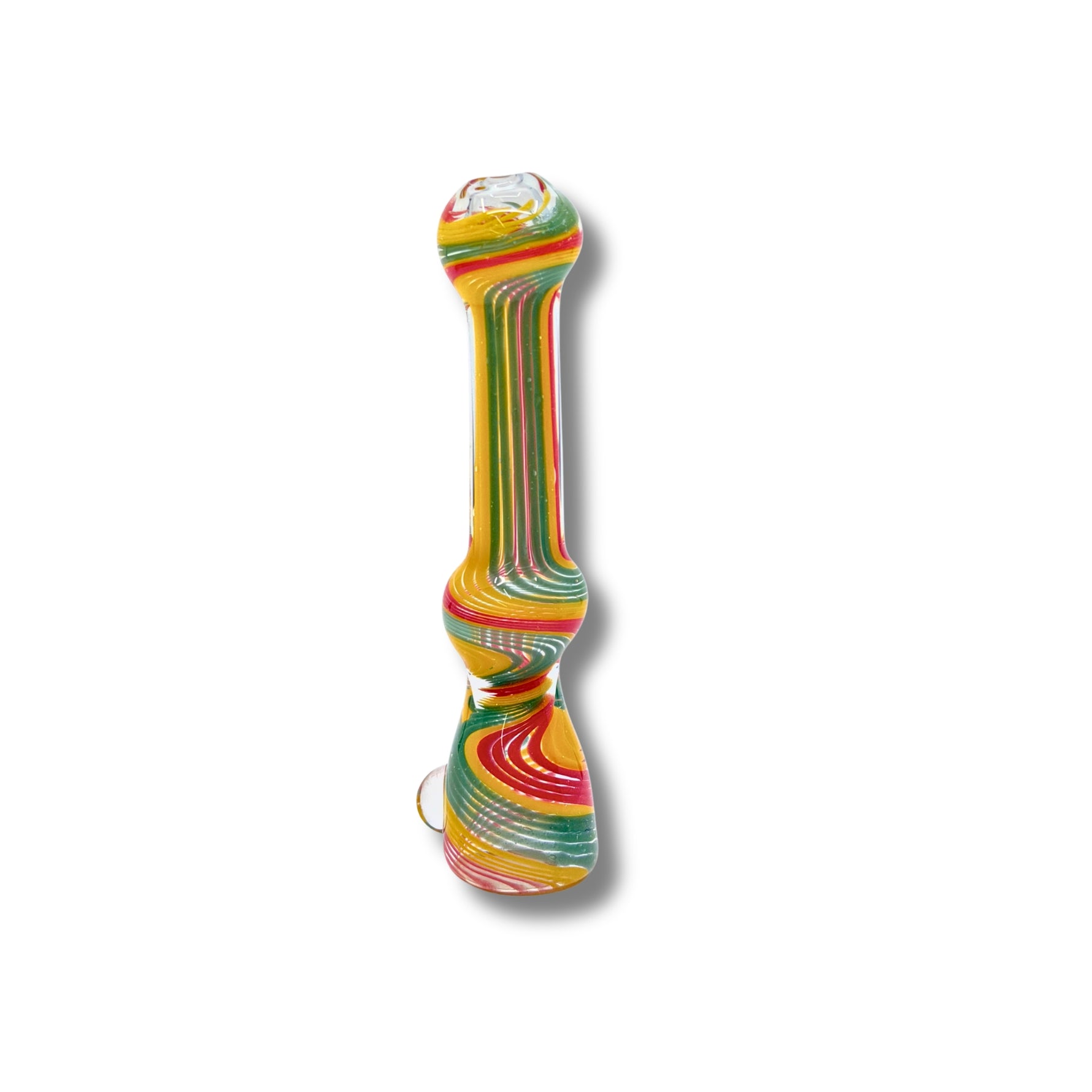 Glass chillum pipes with striped swirl patterns in multiple colors including red, blue, green, white, and yellow.