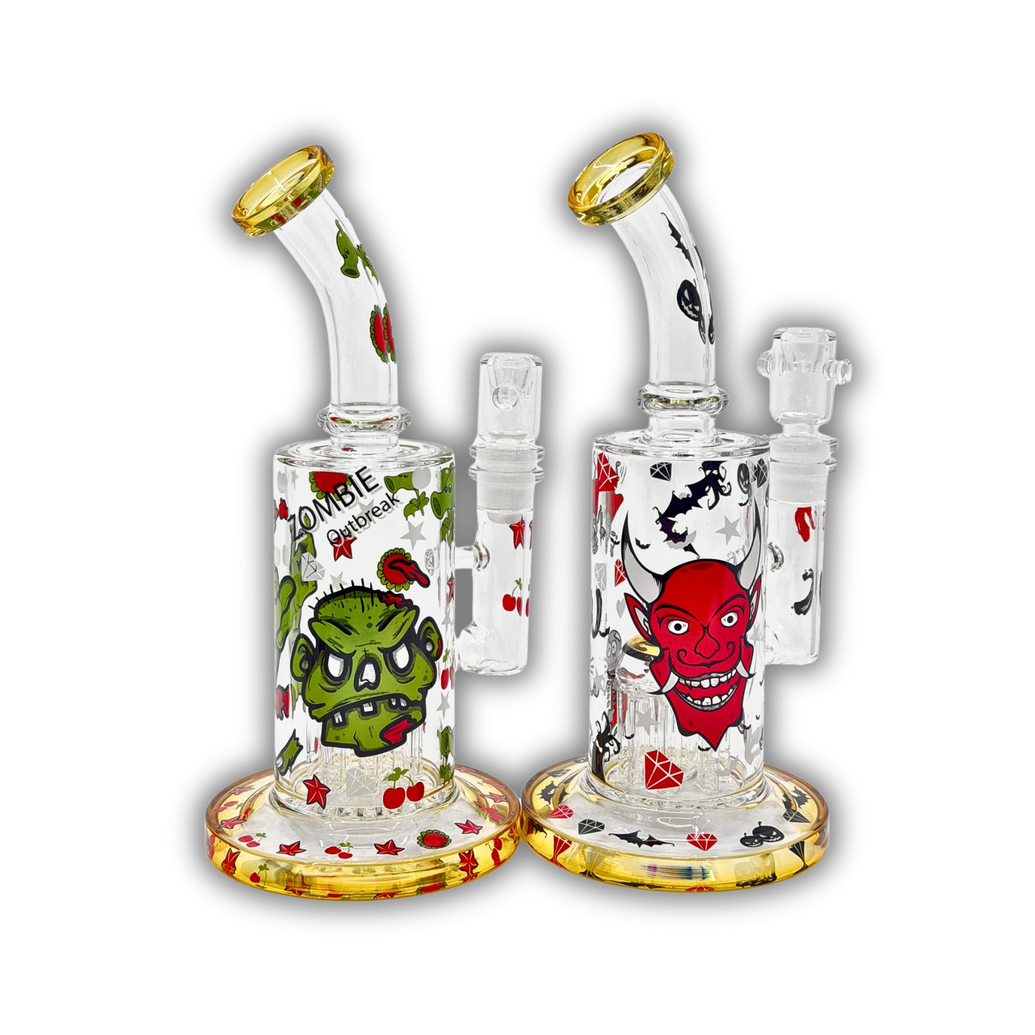 Mini glass bong with colorful zombie and devil graphics, gold-accented rim and base, and compact filtration chamber.